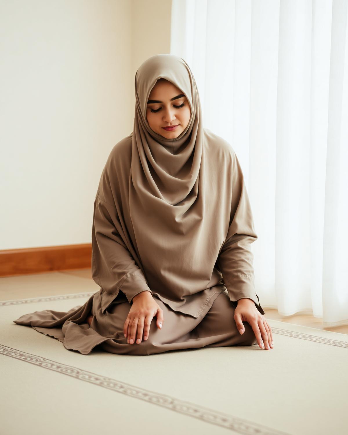 Muslim woman in hijab in a quiet moment of prayerful stillness